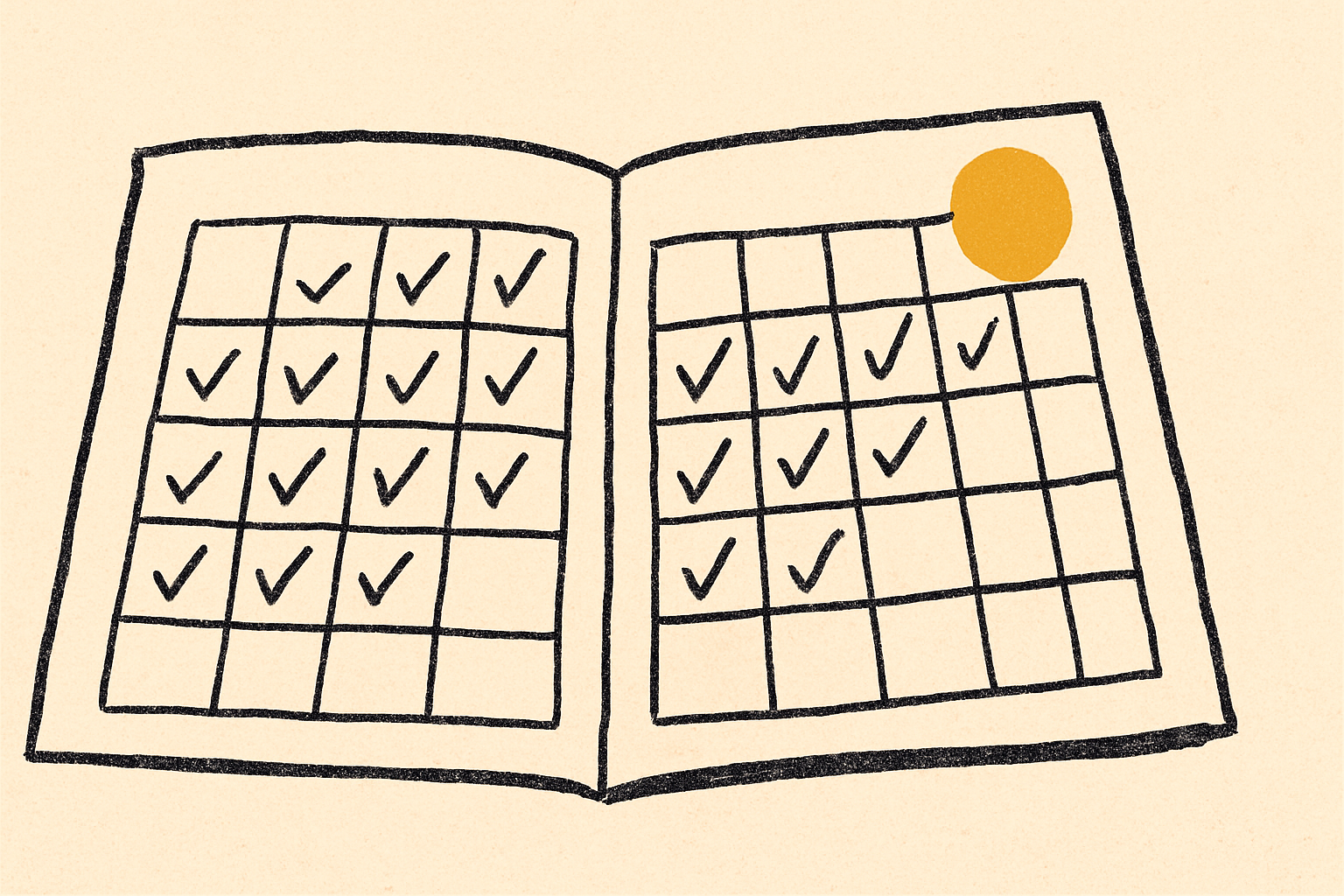 Two paper calendar spreads side by side filled with hand-drawn checkmarks.