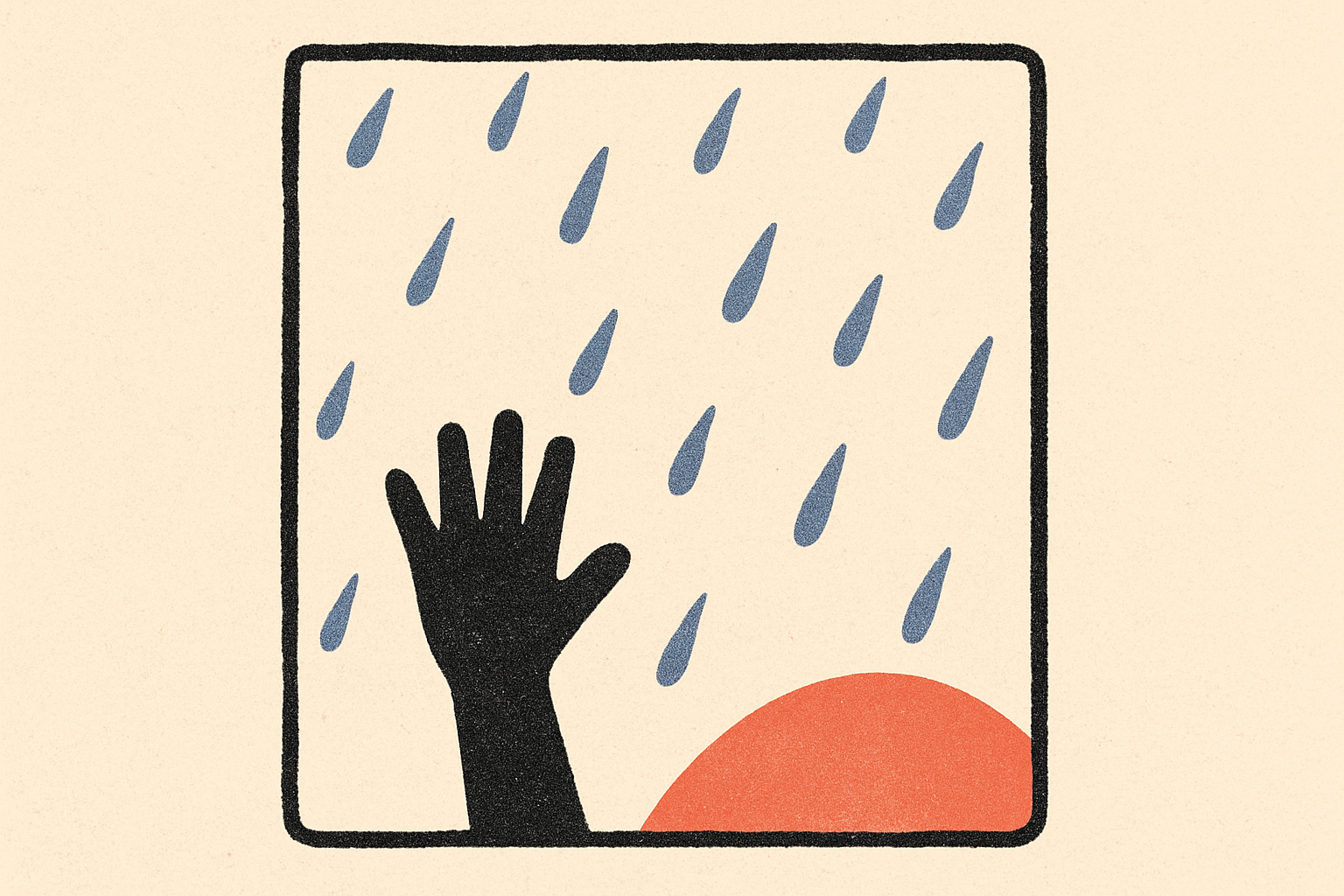 A hand silhouette pressed against a cream window with soft indigo rain outside.