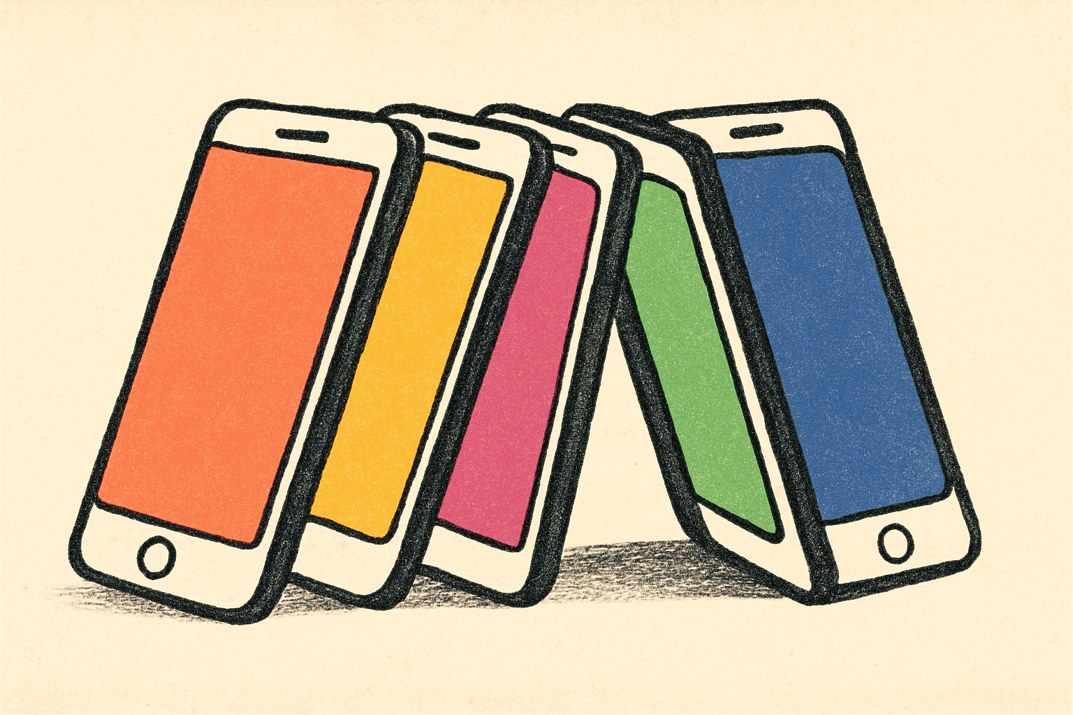 A stack of smartphones leaning together with each screen showing a solid color block.
