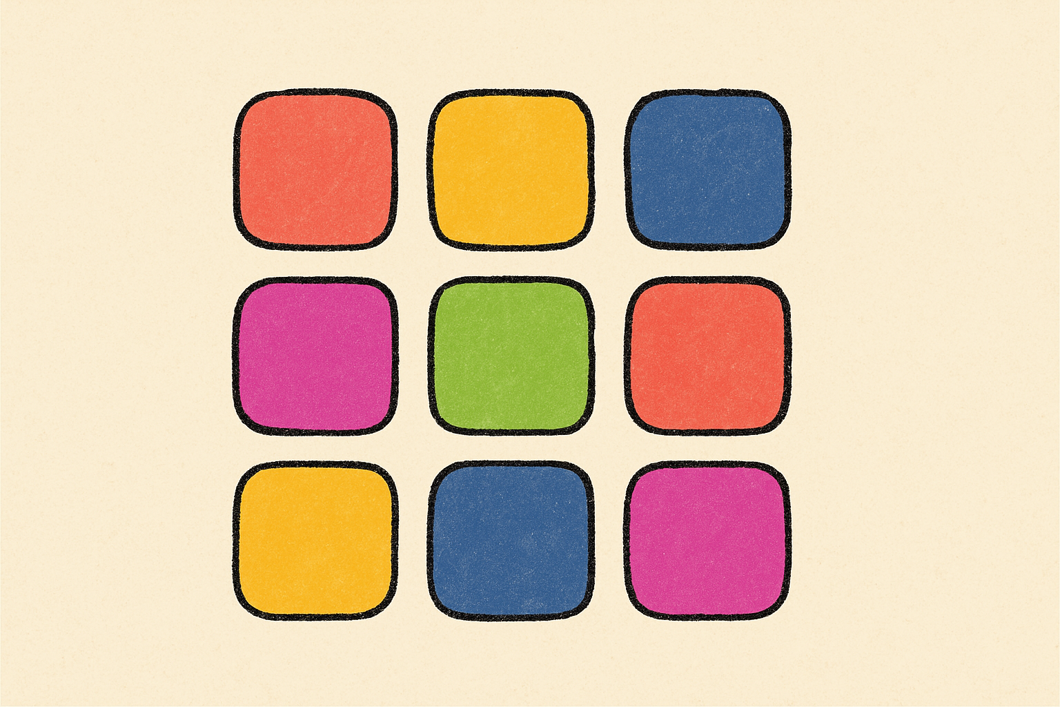 A grid of nine colorful app-icon squares arranged like a phone home screen.