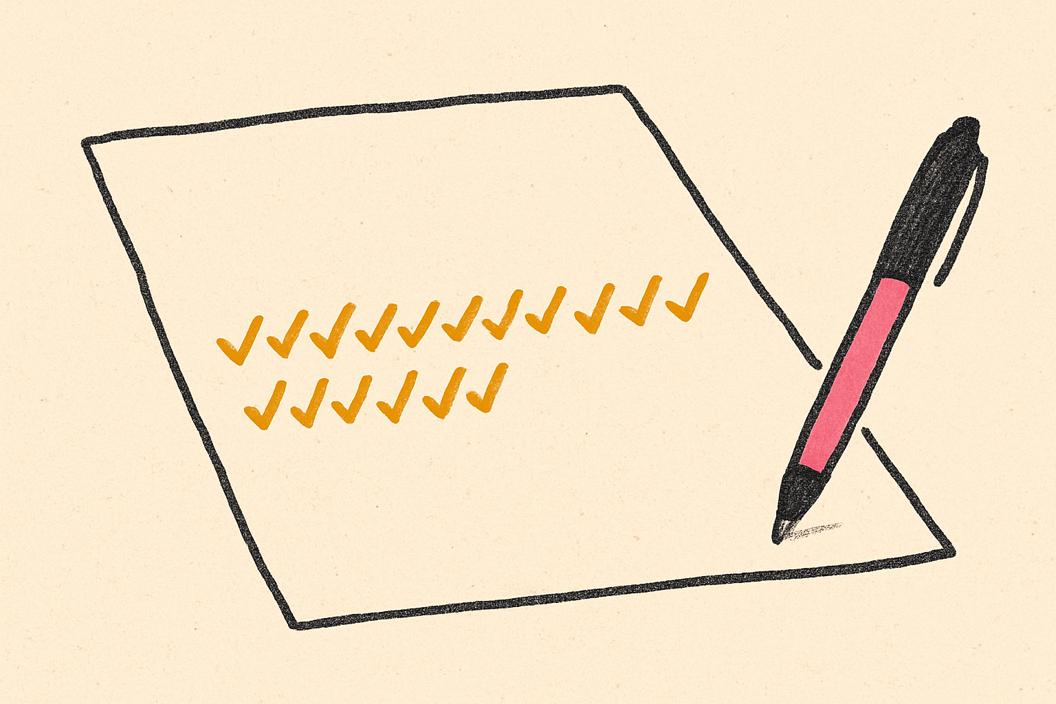 A long row of mustard checkmarks marching across paper with a pen resting at the end.