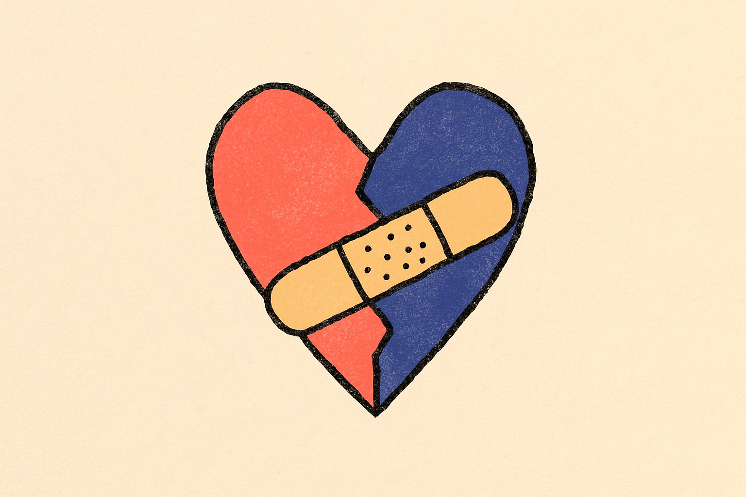 An ink bandage wrapped around an abstract heart split into coral and indigo halves.