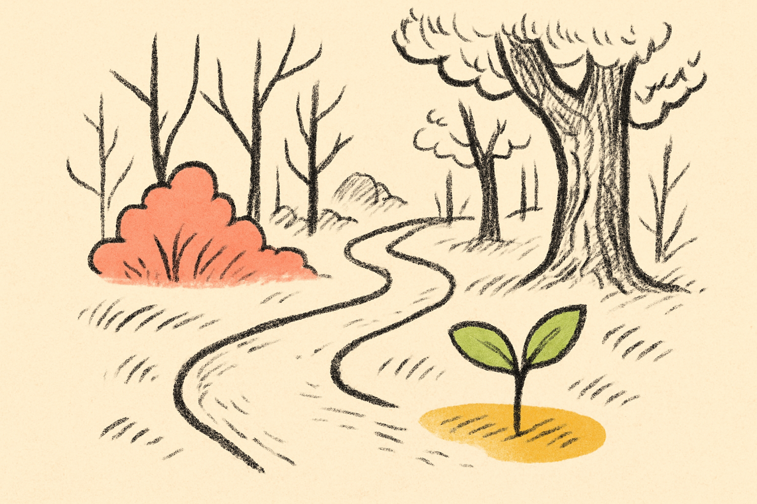 An ink forest path winding into the distance with a small lime sprout in the foreground.