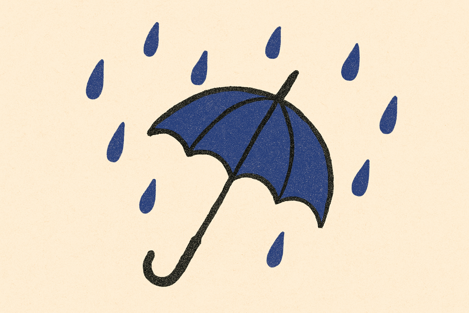 An ink umbrella with a broken rib and indigo raindrops falling around it on cream.