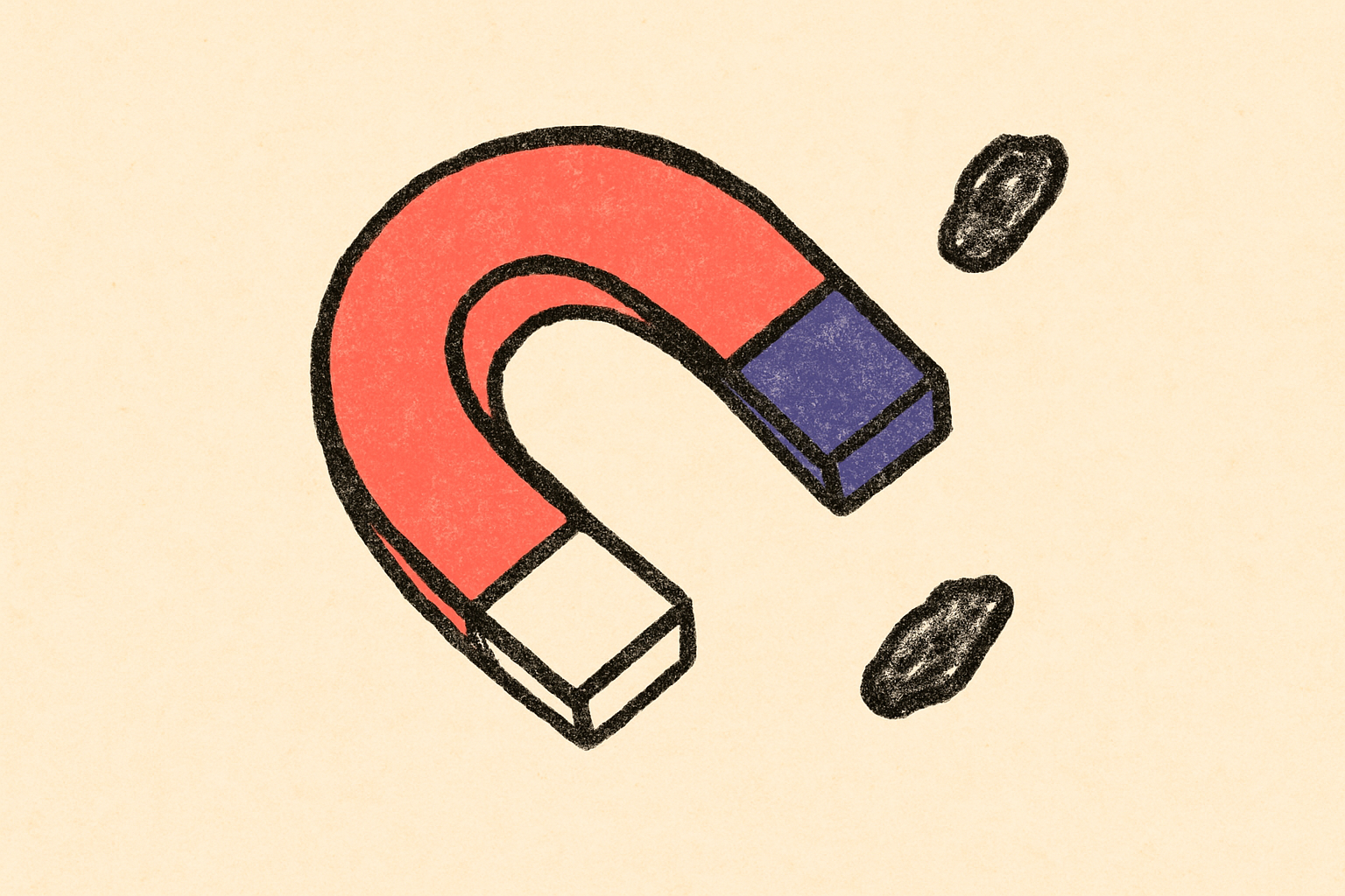 An ink magnet with coral and indigo poles and two iron filings drifting away.
