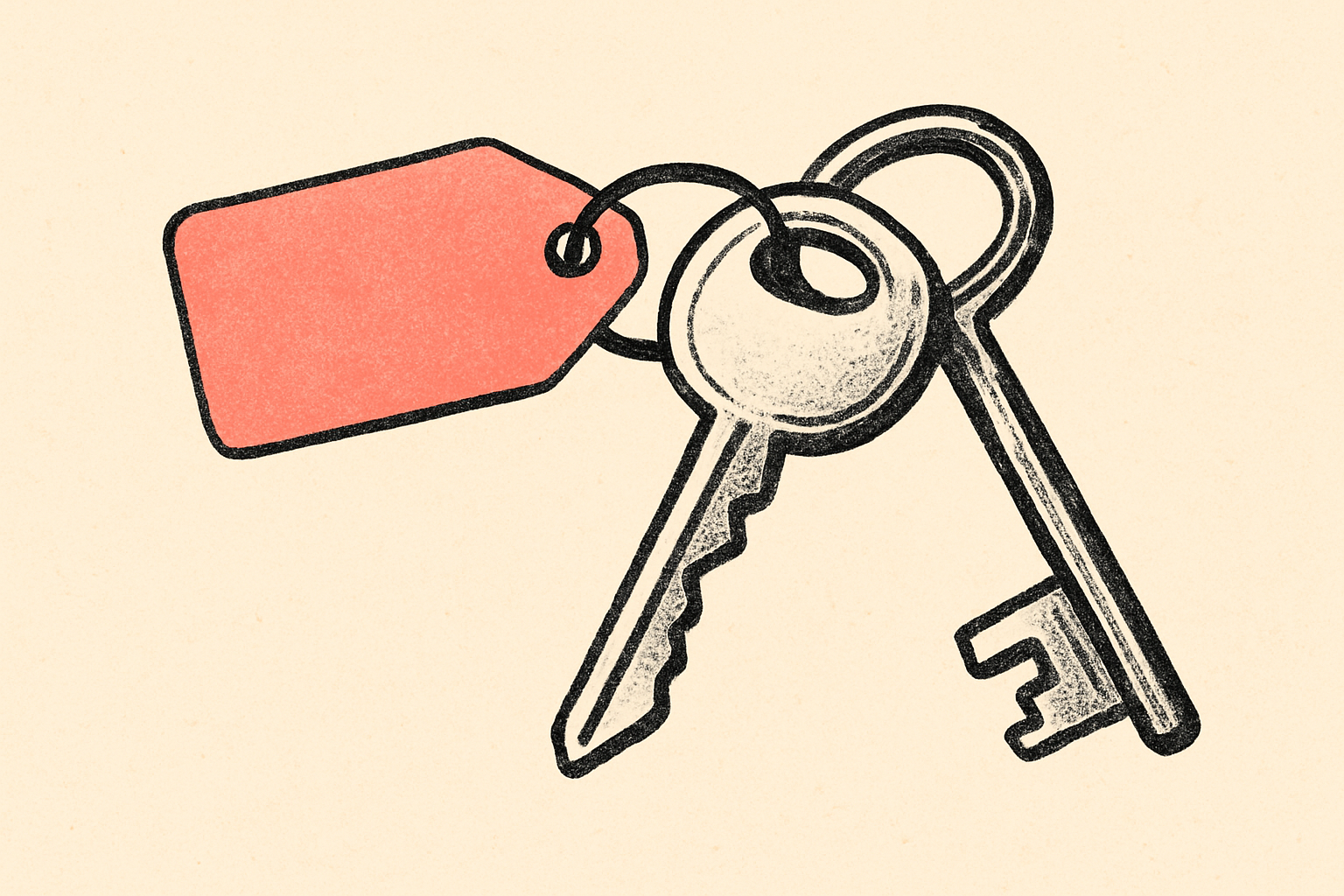 Two ink-drawn house keys on cream with one tied to a small coral tag.