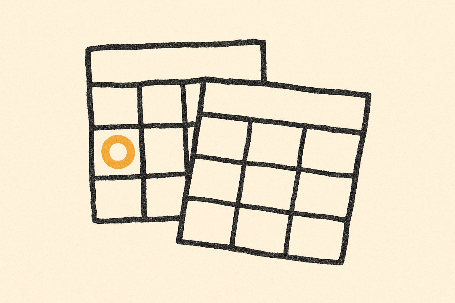 Two overlapping ink calendar squares, one stamped with a mustard ring and one blank.
