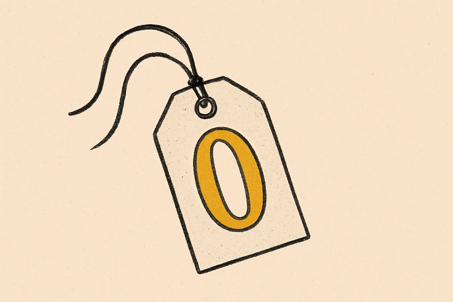 A hand-drawn price tag dangling from a string with a large zero shape and mustard accents.