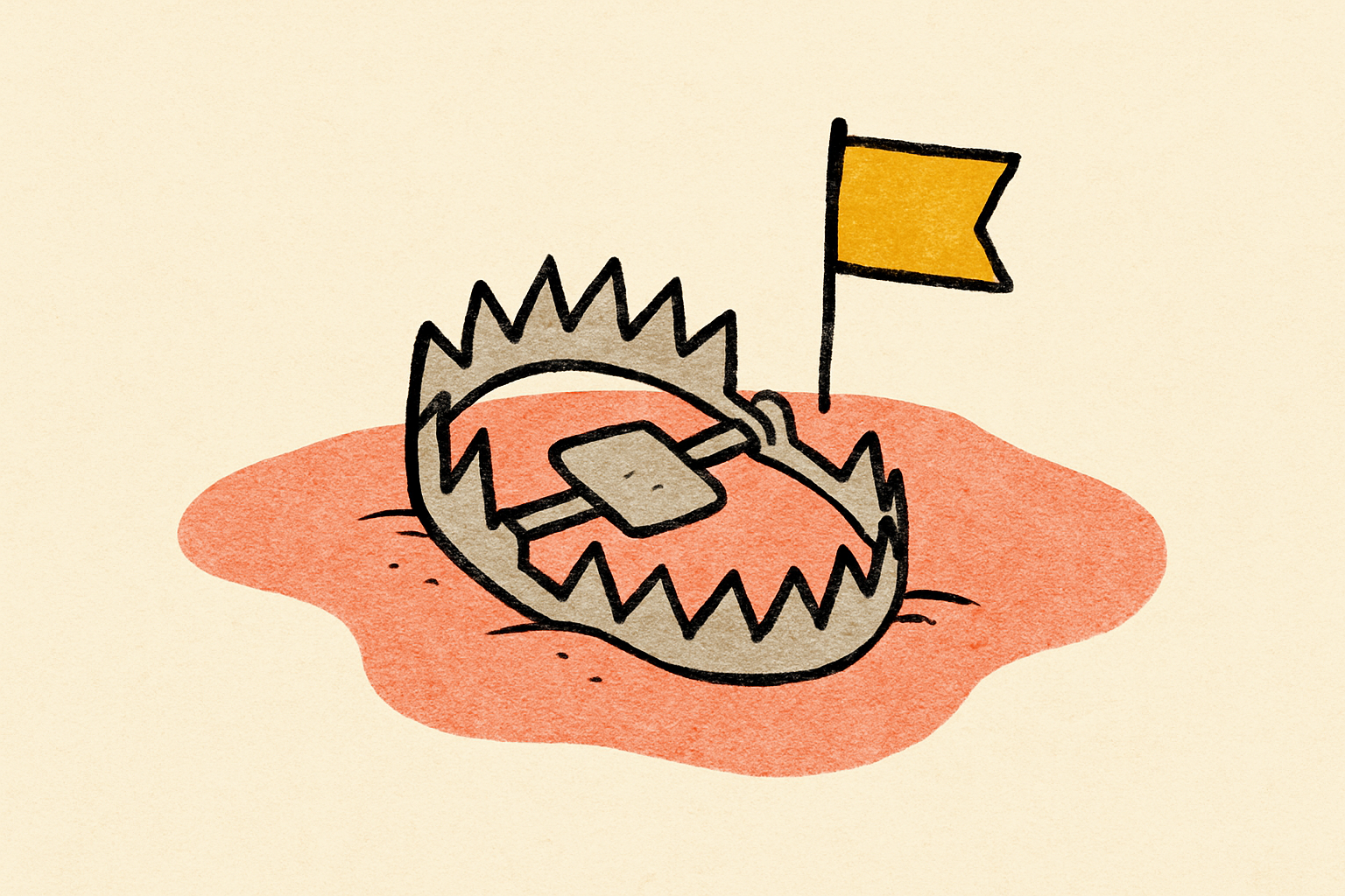 An ink bear trap half-buried in cream sand with a small mustard warning flag.