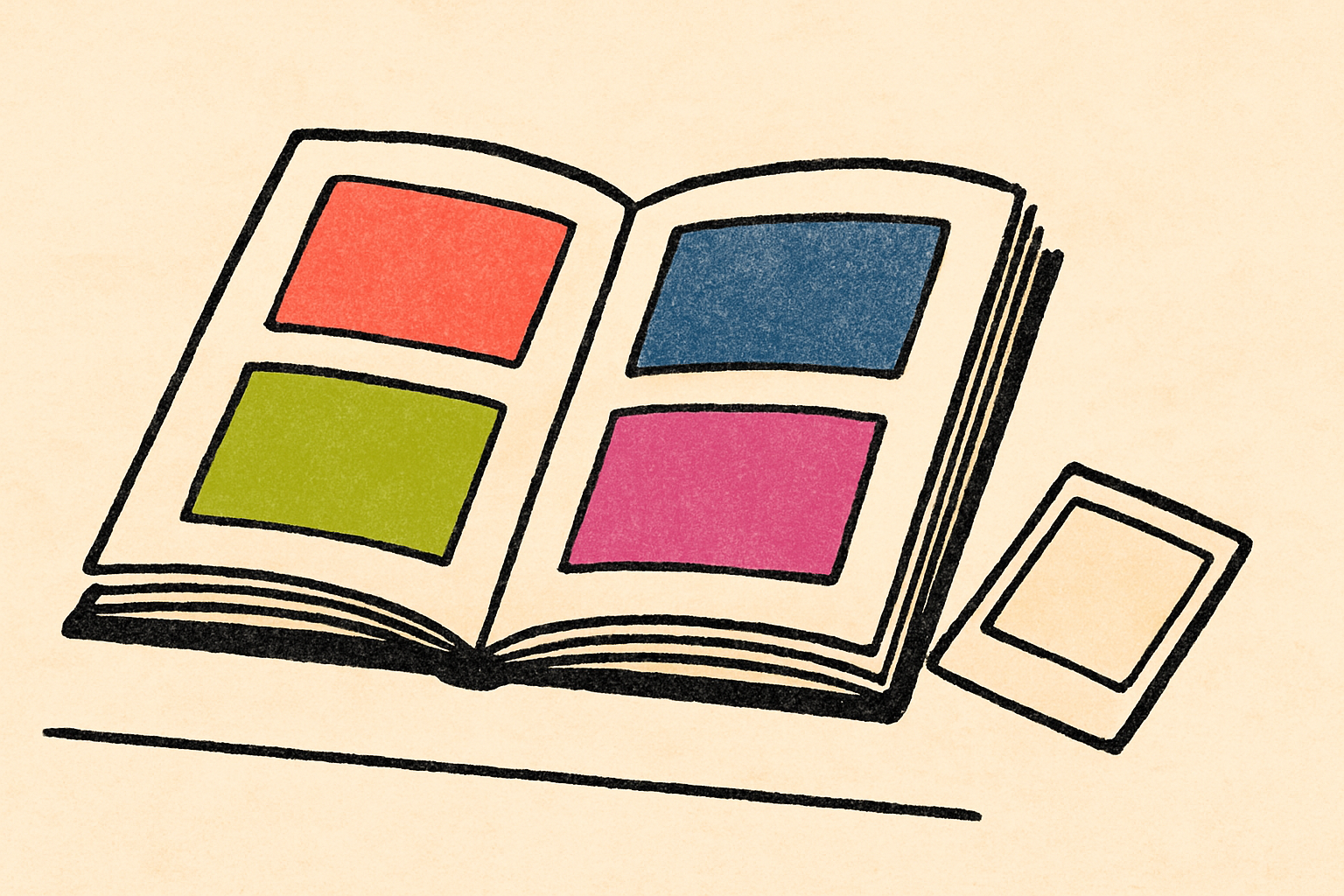 An open photo album on a table with one photo turned face-down among blank colored rectangles.
