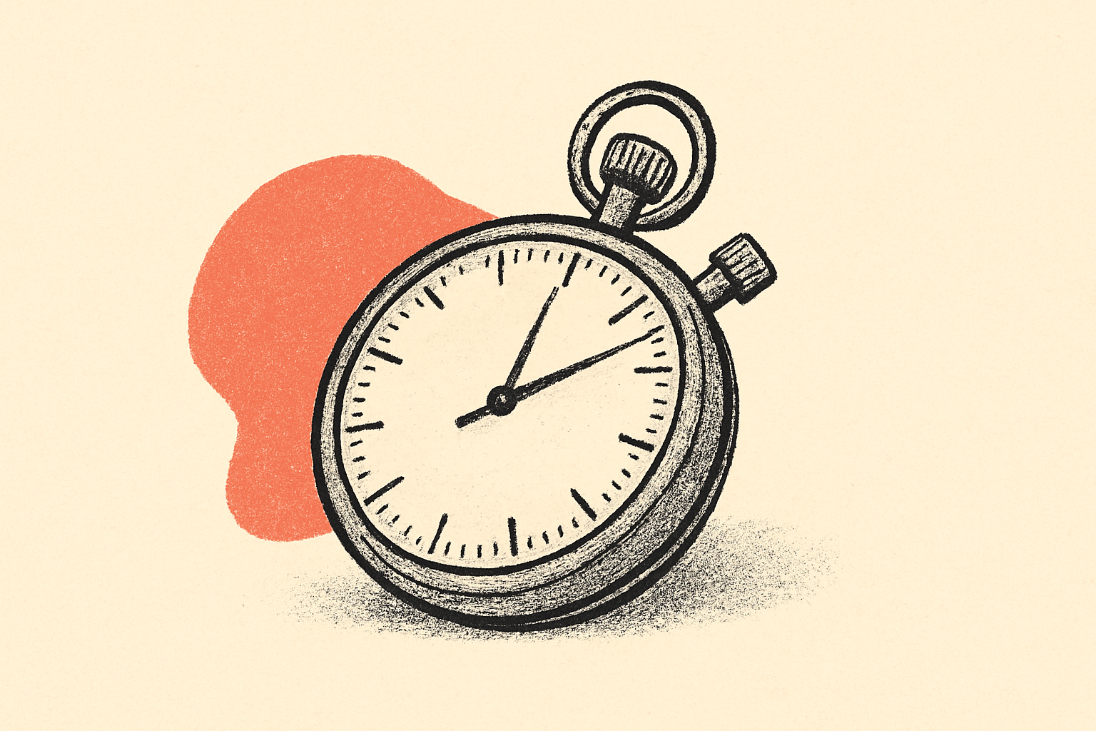 A vintage analog stopwatch lying on its side with hands frozen mid-tick and a coral blob behind it.