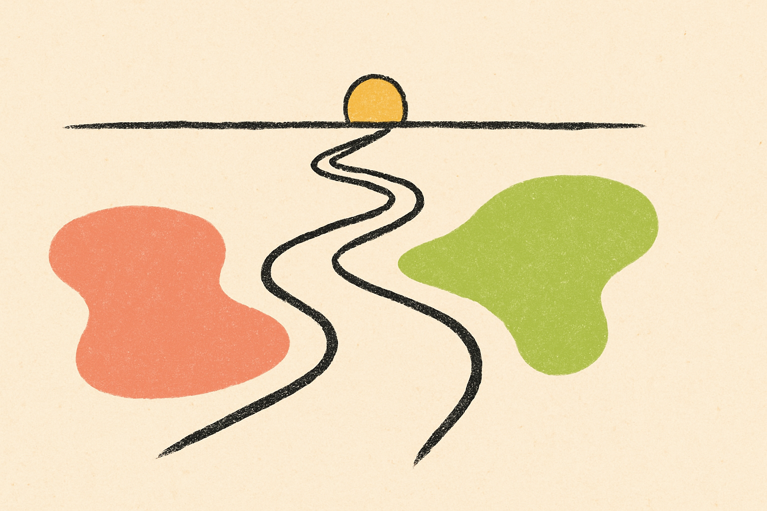 A long winding ink-drawn road disappearing toward a small mustard sun on the horizon.