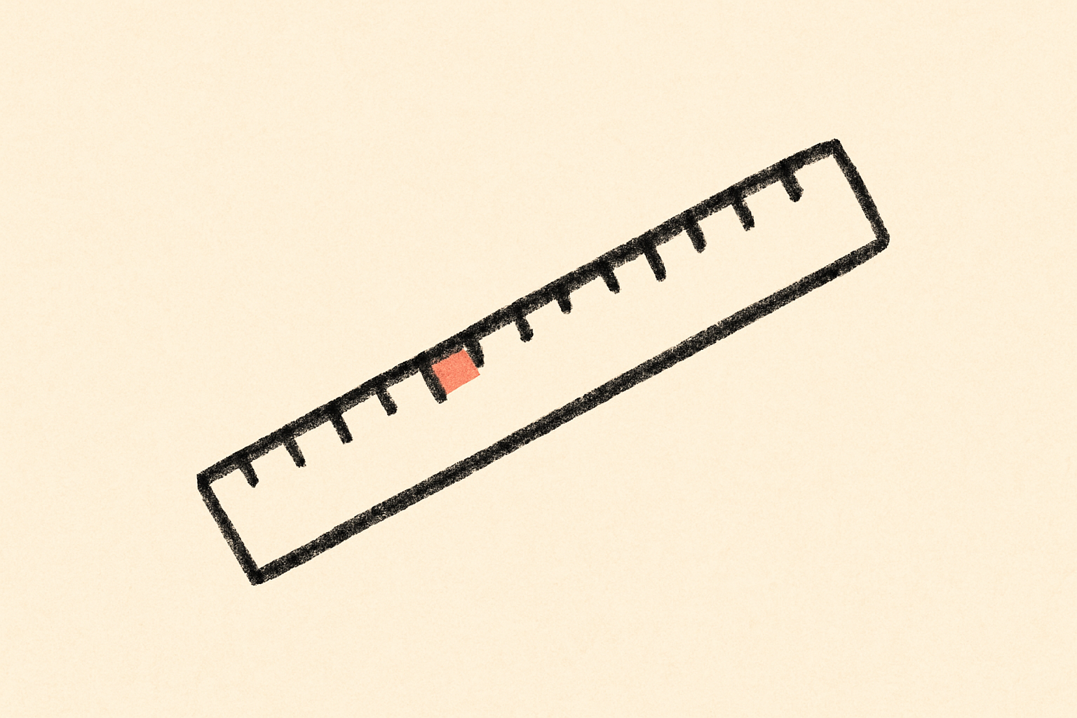 An ink ruler stretched diagonally across cream with a coral notch a third of the way along.