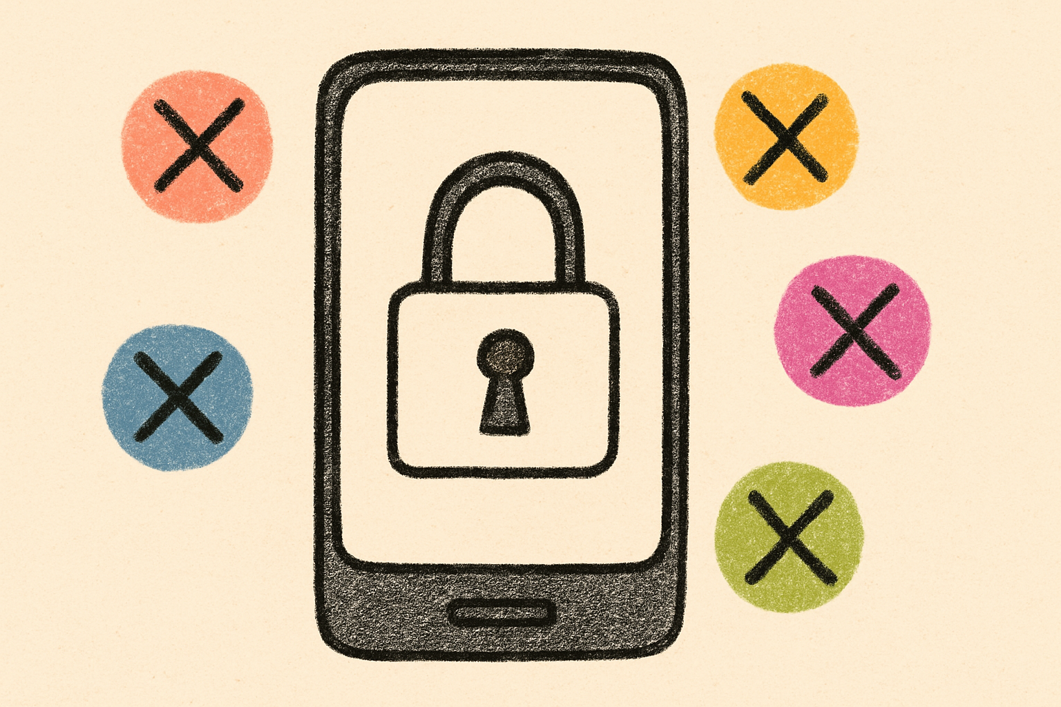 A smartphone with a hand-drawn padlock on its screen surrounded by smaller crossed-out colored circles.