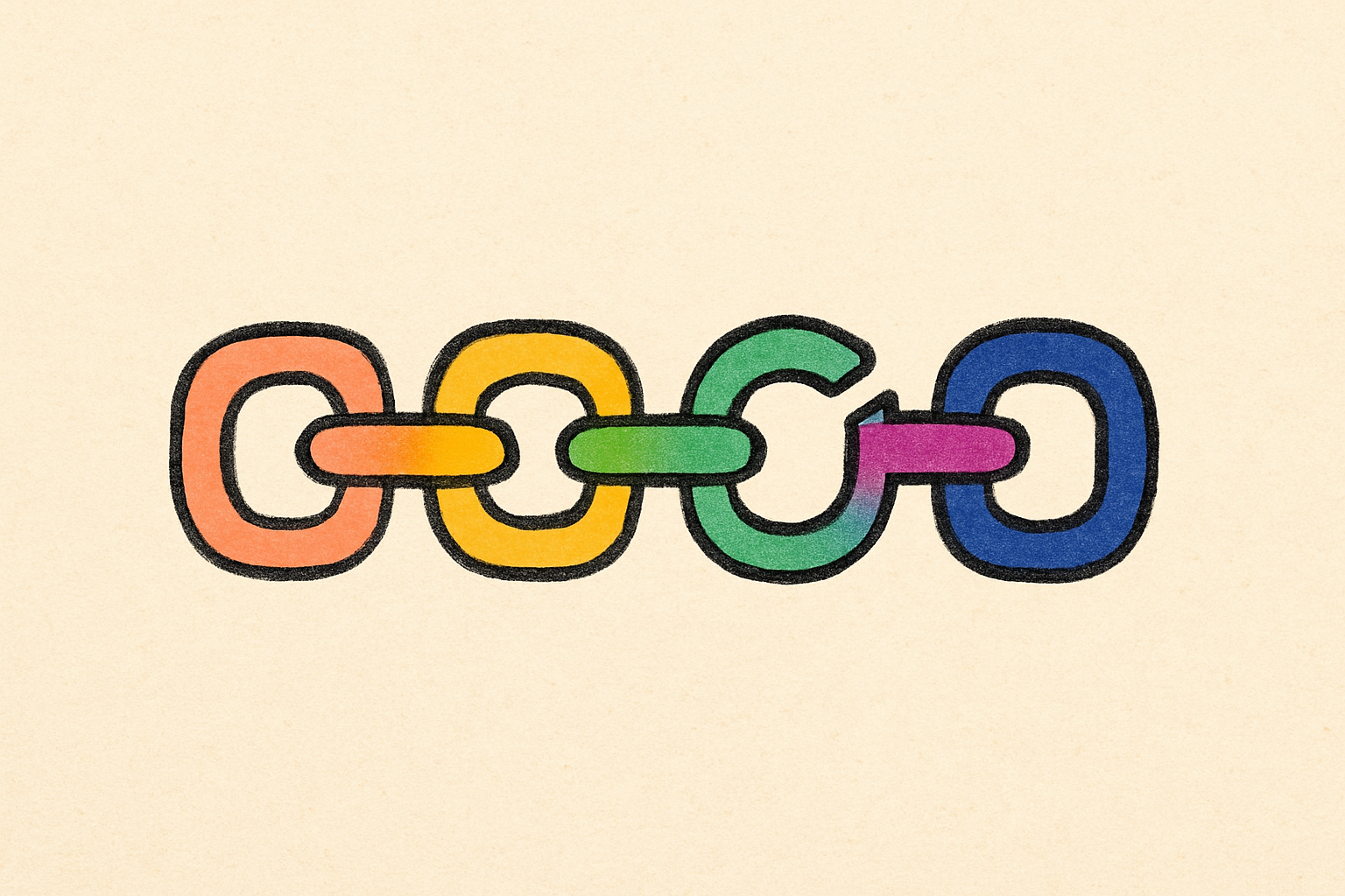 Five small ink chain links across cream tinted in palette colors with one broken open.