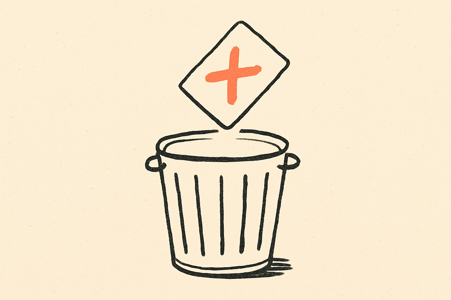 An ink trash can with a single contact-card rectangle tumbling in marked with a coral X.