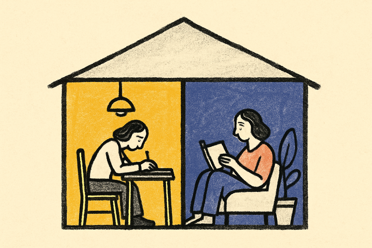 A cross-section of a house in ink with two rooms separated by a wall, one mustard and one indigo.