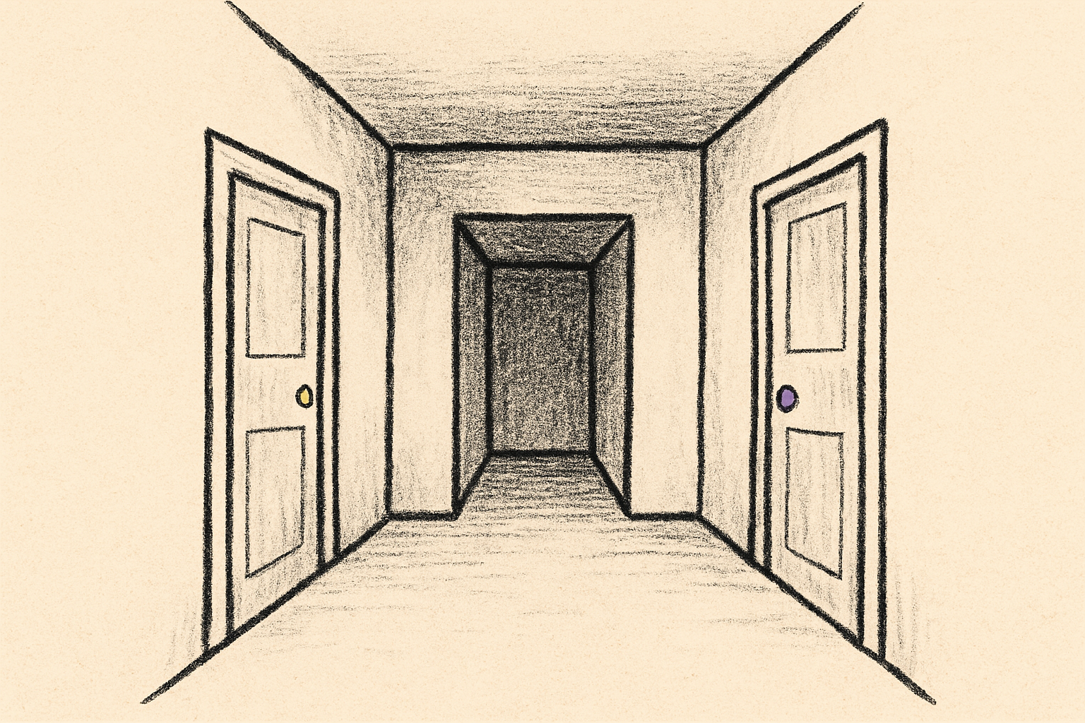 An ink hallway with two closed doors marked by small palette-colored dots.