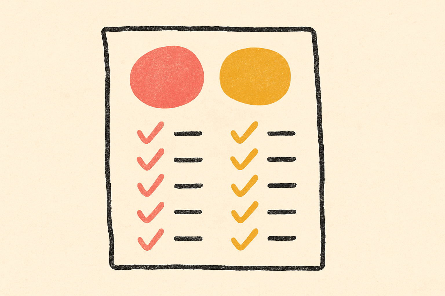 An ink chore chart on cream with two columns of small checkmarks in coral and mustard.