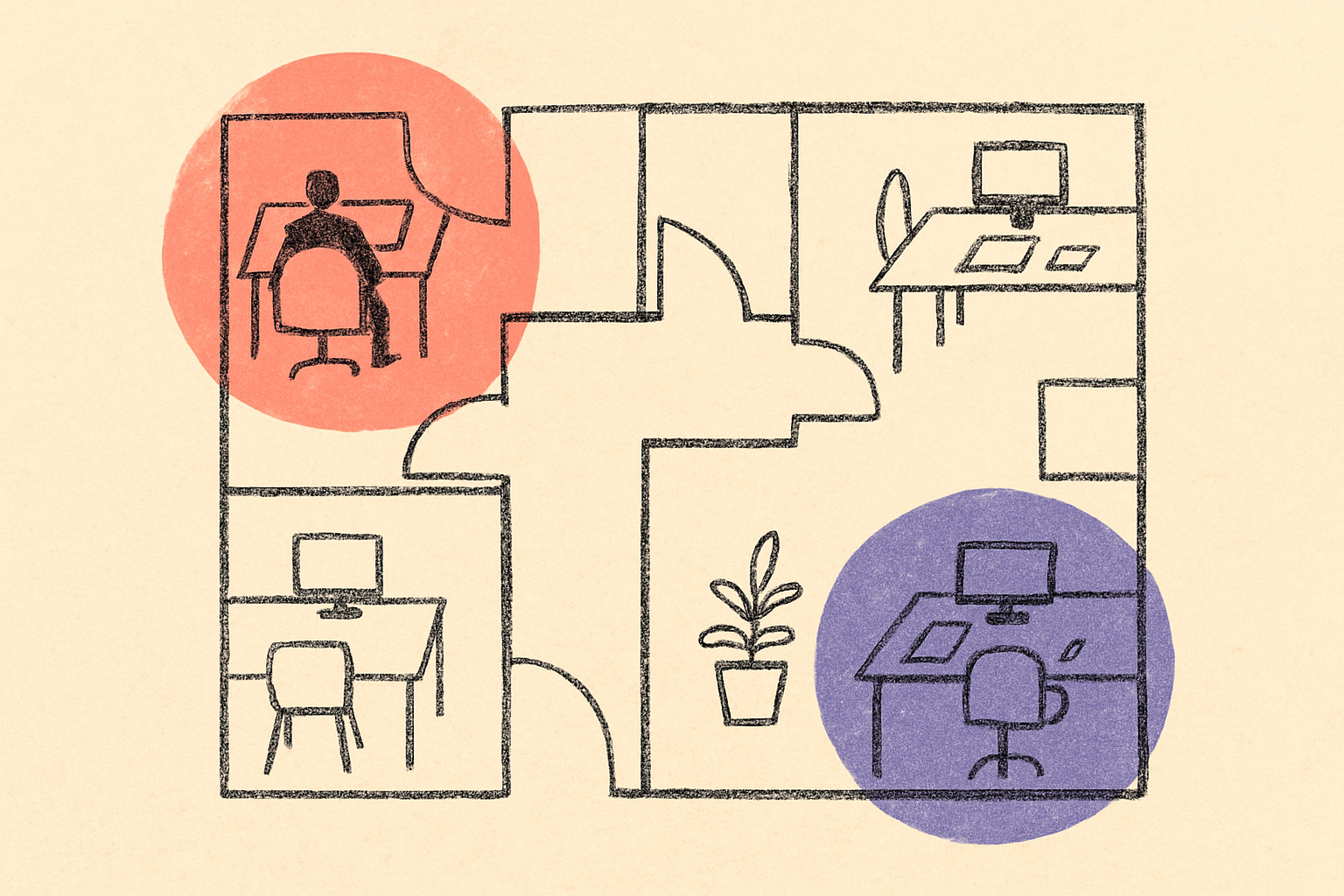 An ink top-down office layout with two small desks circled in coral and indigo on opposite corners.