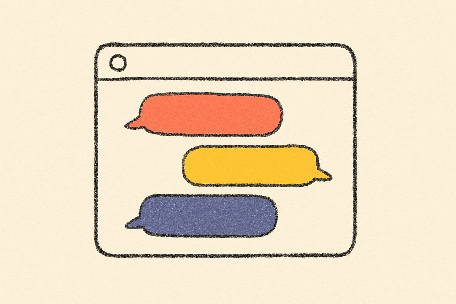 An ink chat window with three empty message bubbles in coral, mustard, and indigo.