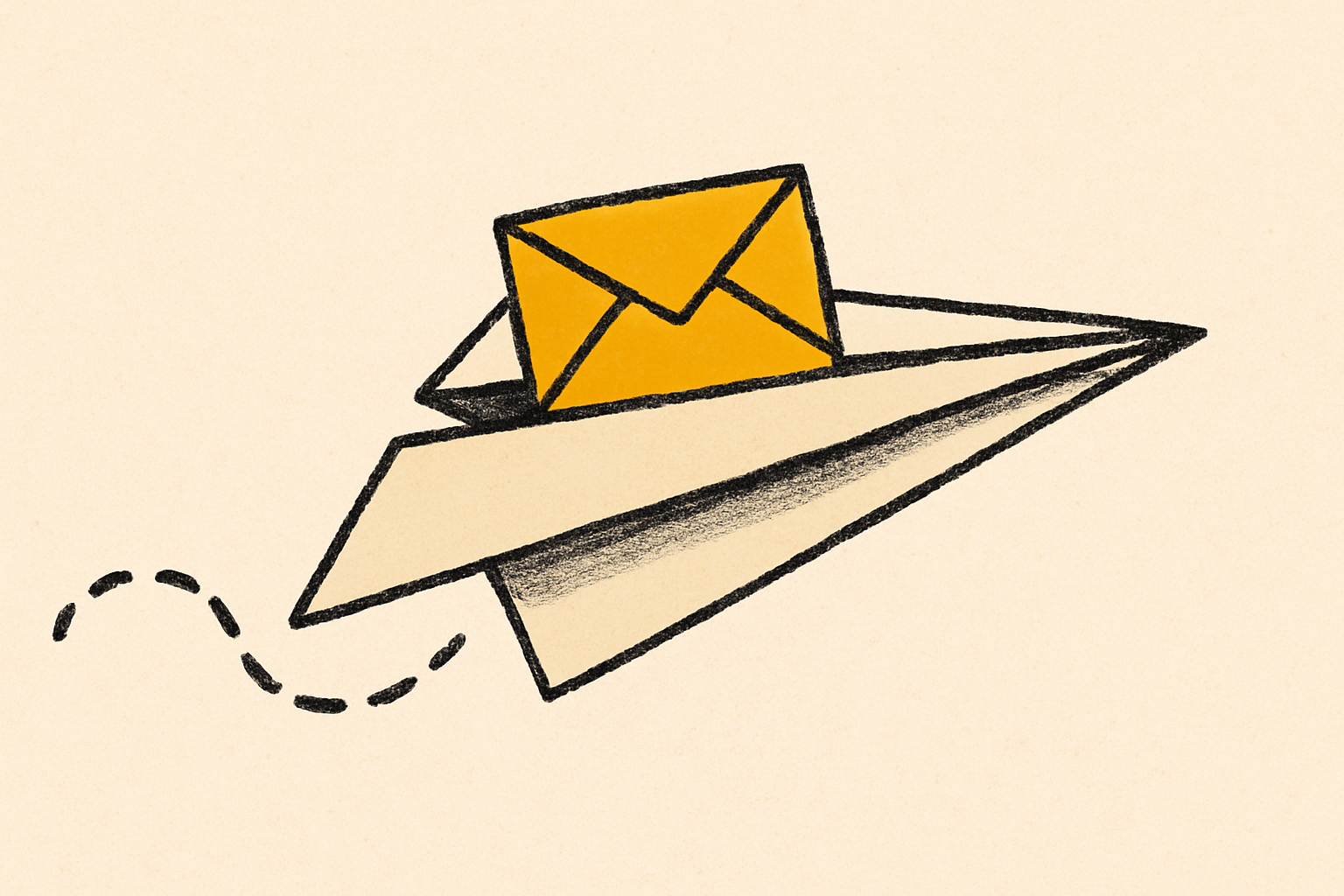 An ink paper airplane carrying a small mustard envelope on its back across cream.