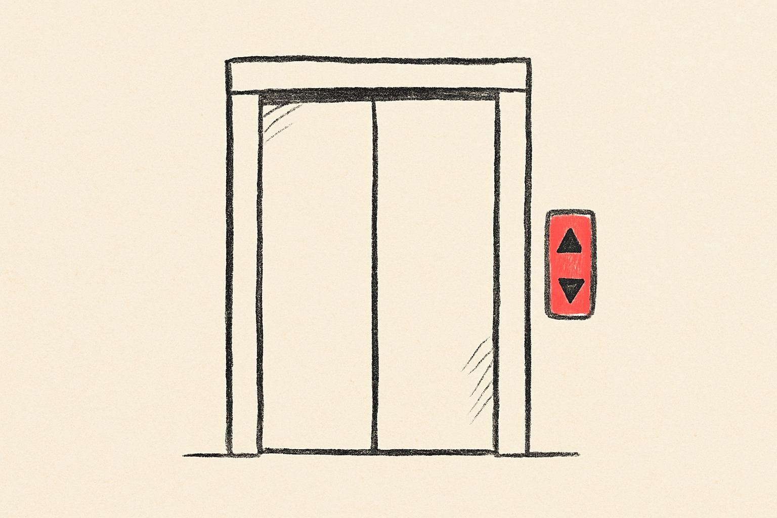 An ink elevator with closed doors and a single small coral arrow at the floor numbers.