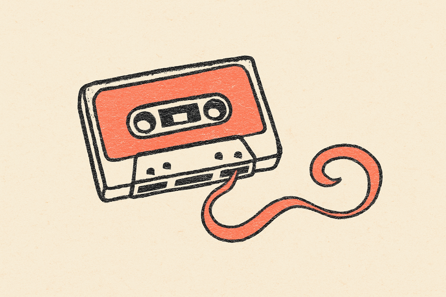 An ink cassette tape on cream with its tape spooling out into a soft coral curl.
