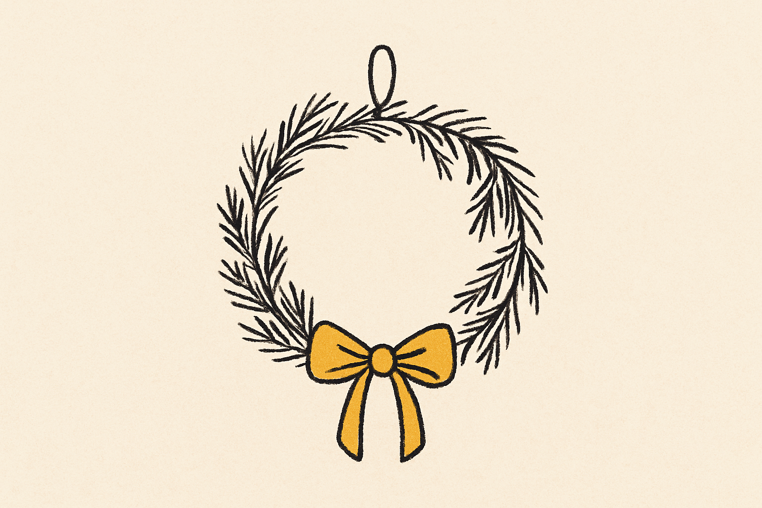 An ink pine wreath hanging on cream with a single mustard bow tied at the bottom.