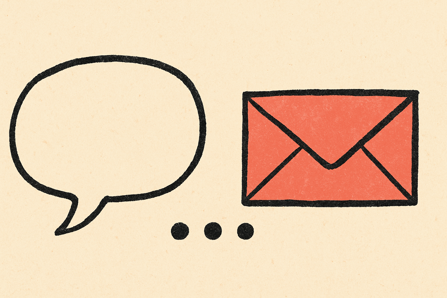 An empty speech bubble and a closed envelope separated by three ink dots.