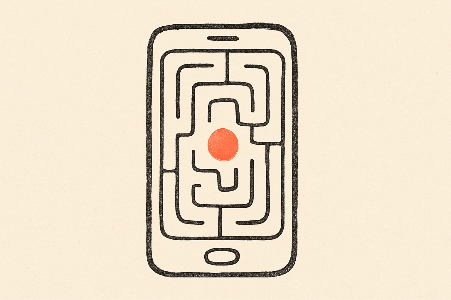 An ink smartphone with its screen as a soft maze and a coral dot stuck in the center.