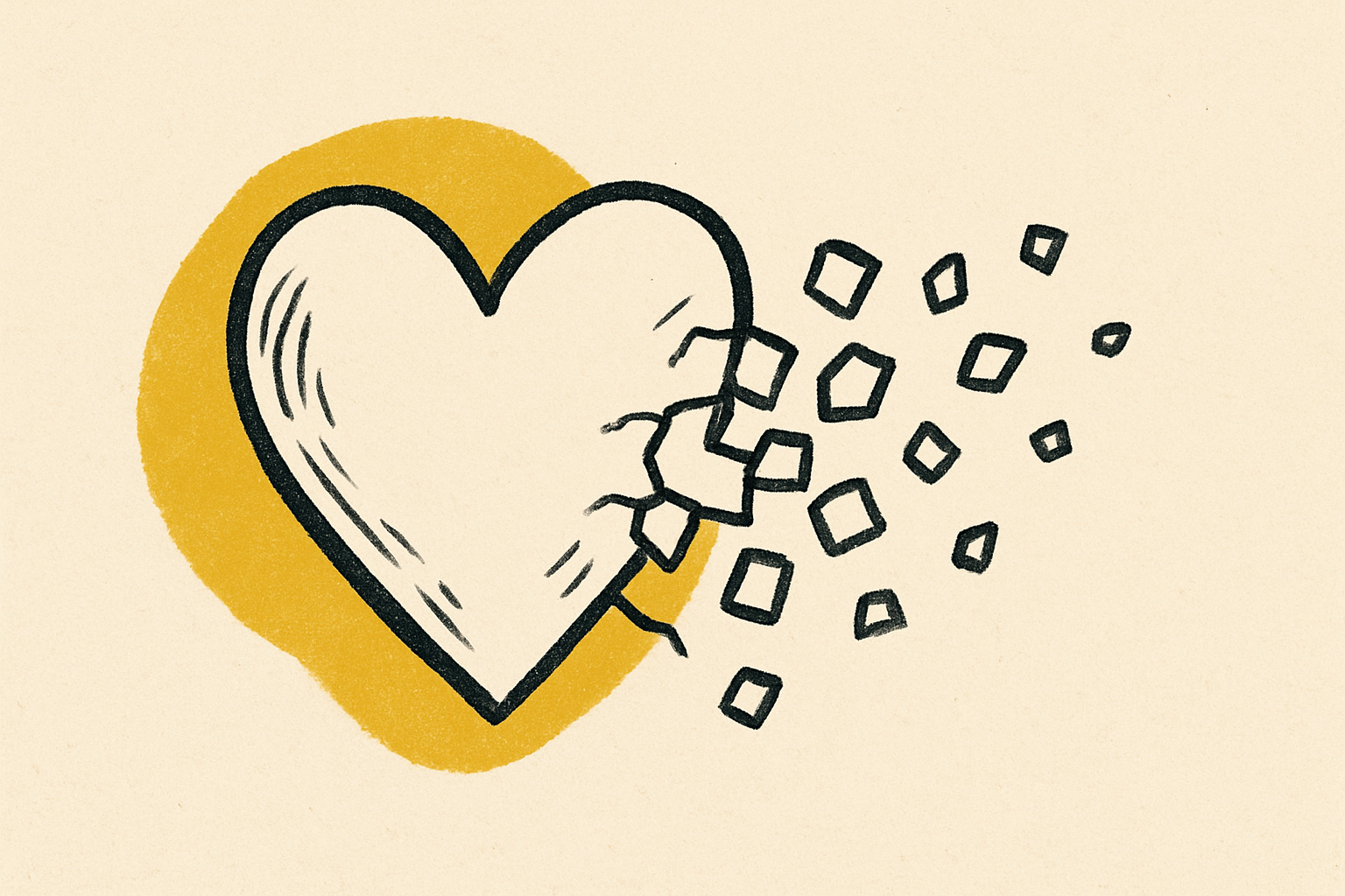 An ink heart dissolving into small geometric pieces scattering across cream with a mustard blob behind.