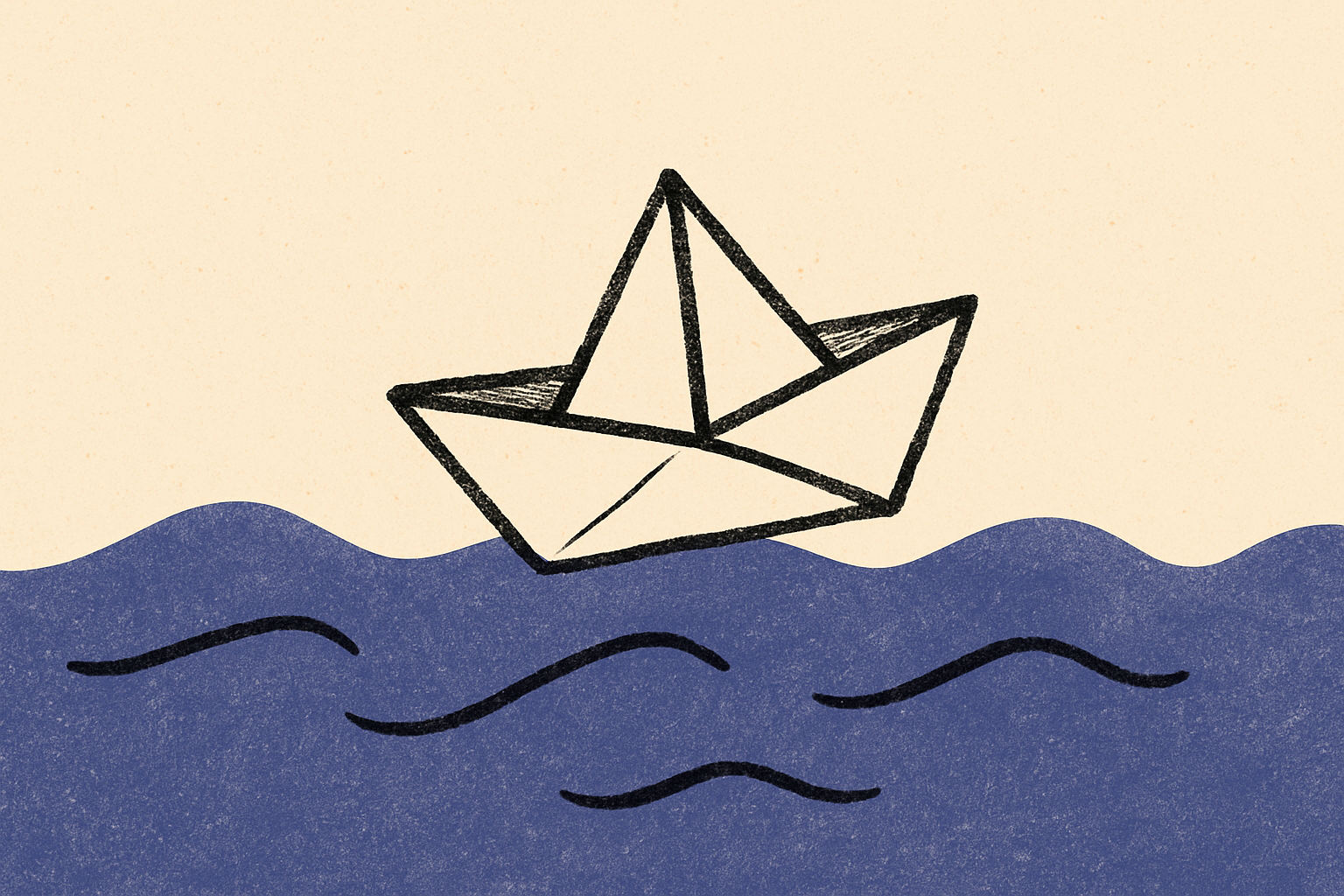An ink paper boat floating away on soft indigo waves with no occupant.