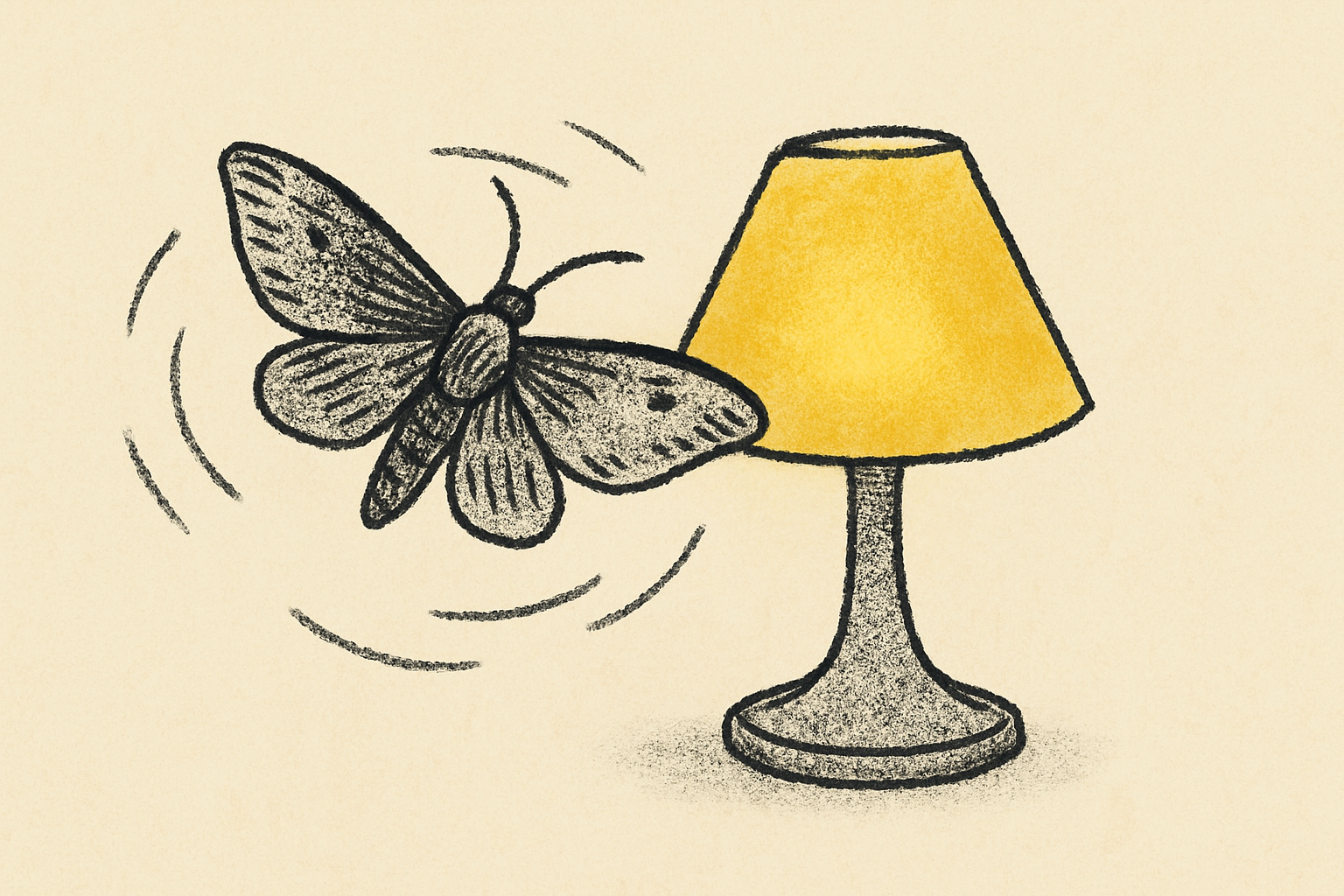 An ink moth circling a softly glowing mustard lamp with soft motion lines.