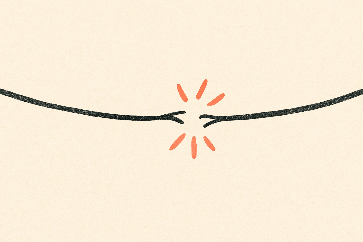 An ink telephone wire across cream sky snapped cleanly with a coral spark at the break.