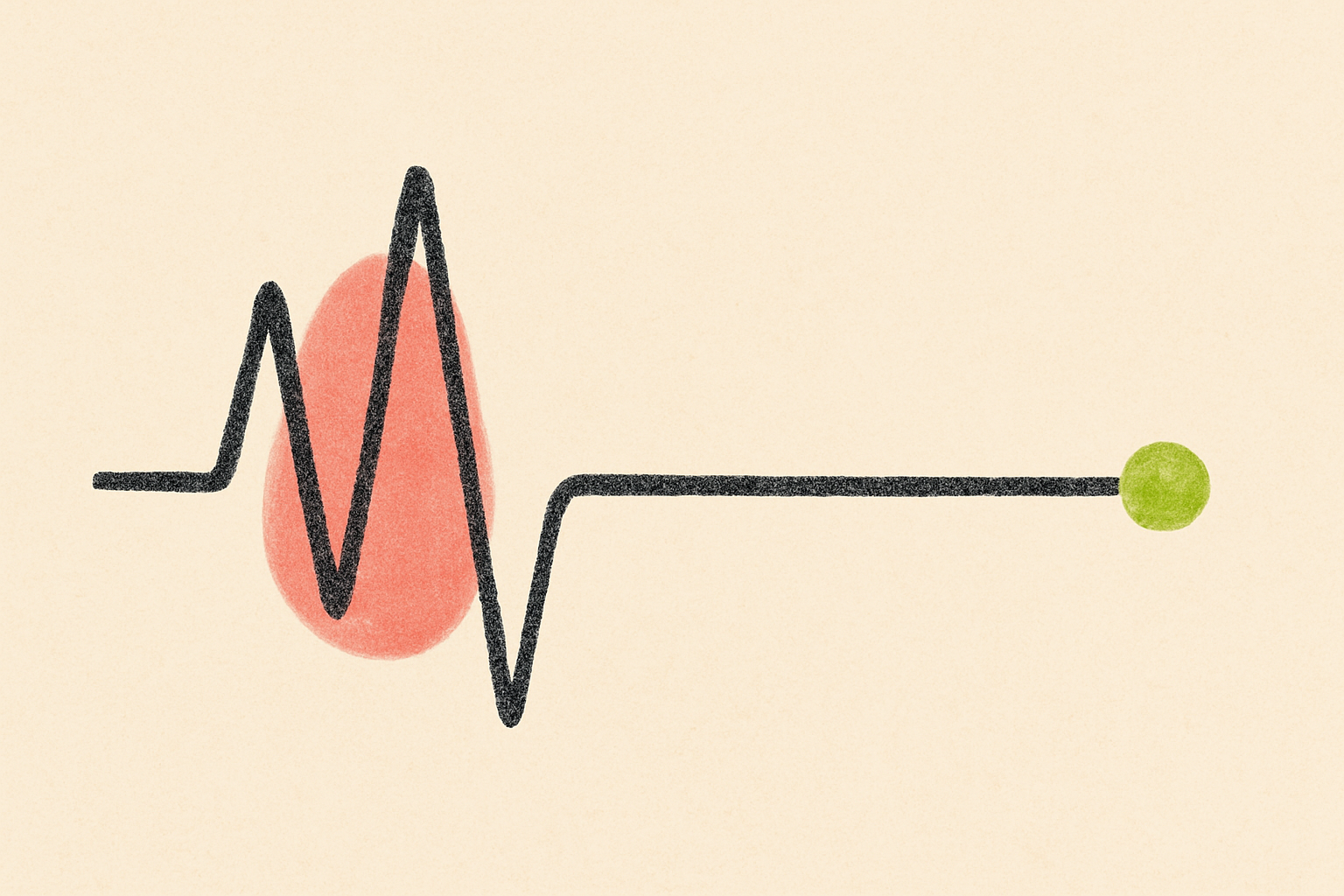 An ink heart rate line smoothing out into a calm flat segment with a small lime dot.
