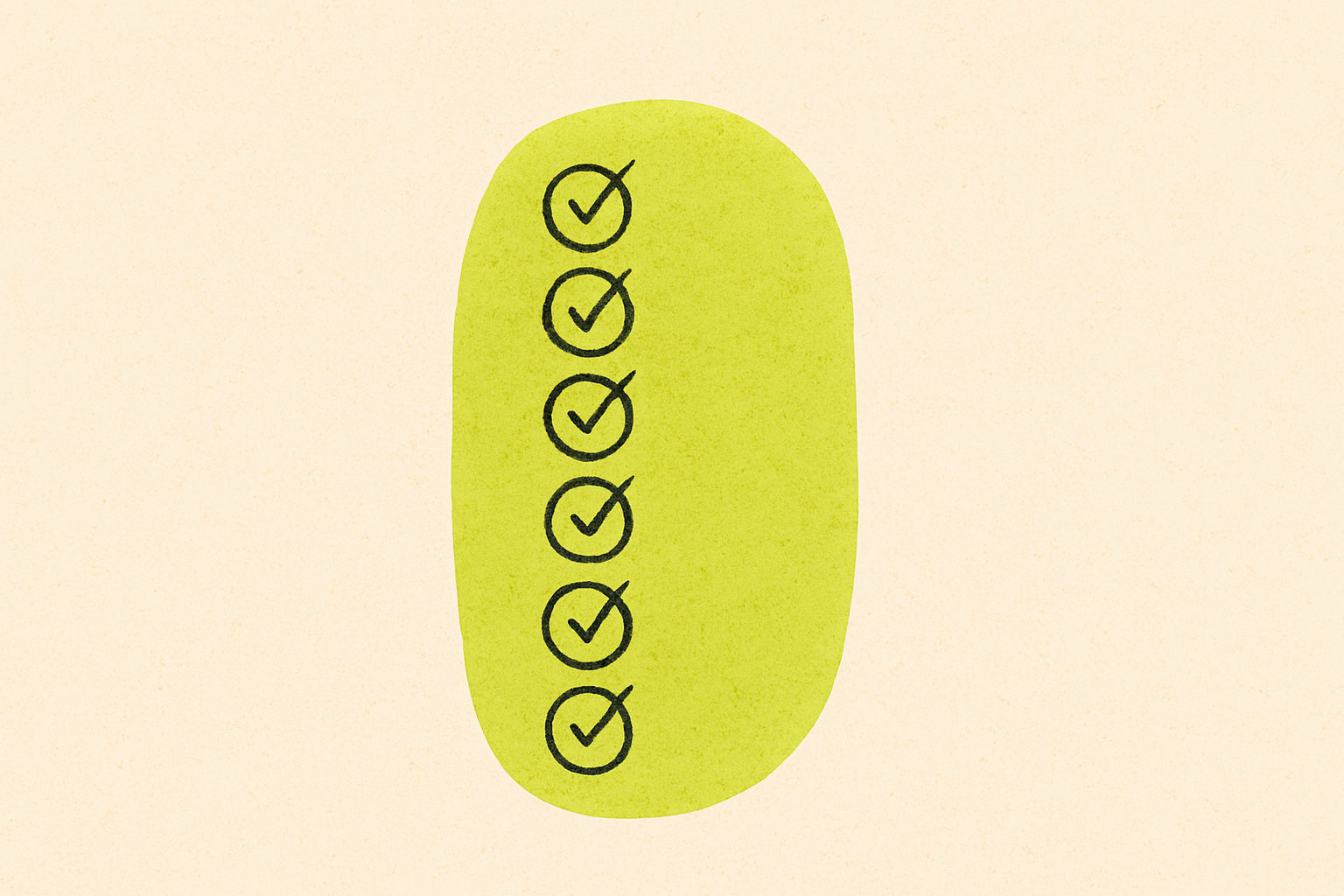 An ink checklist of seven small dots each marked with a tiny lime check.