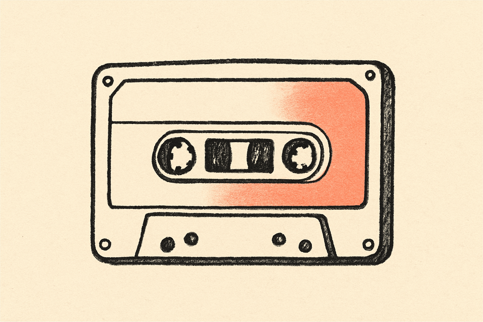 An ink cassette tape with one blank label and one coral label lying flat on cream.
