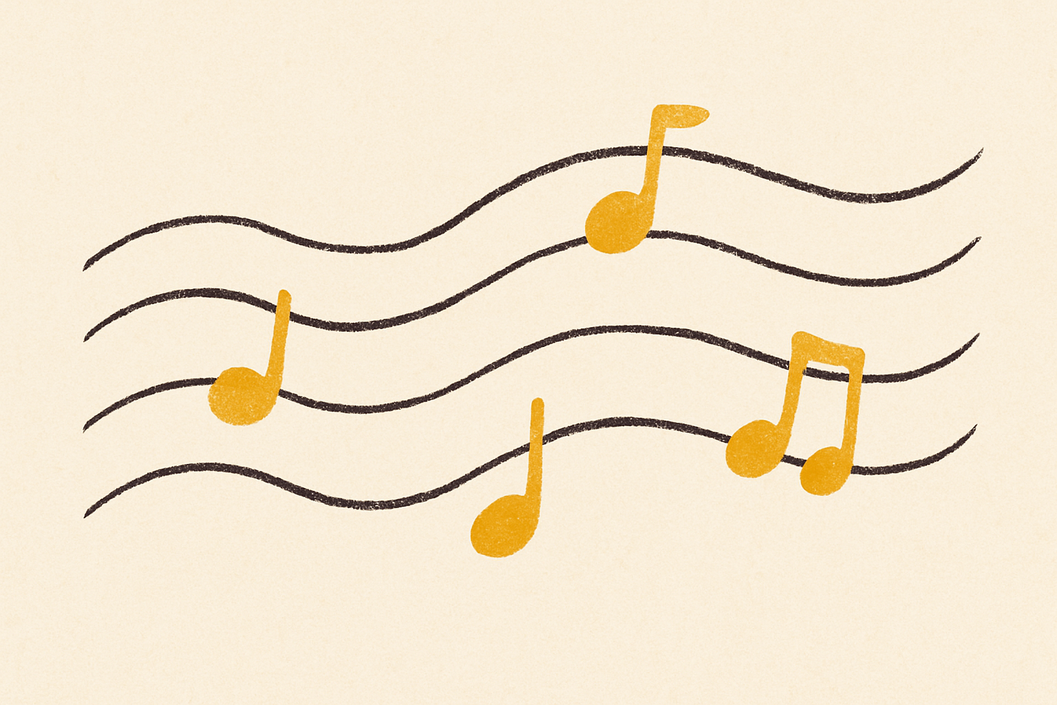 Three ink musical staff lines curving across cream with small mustard notes resting on them.