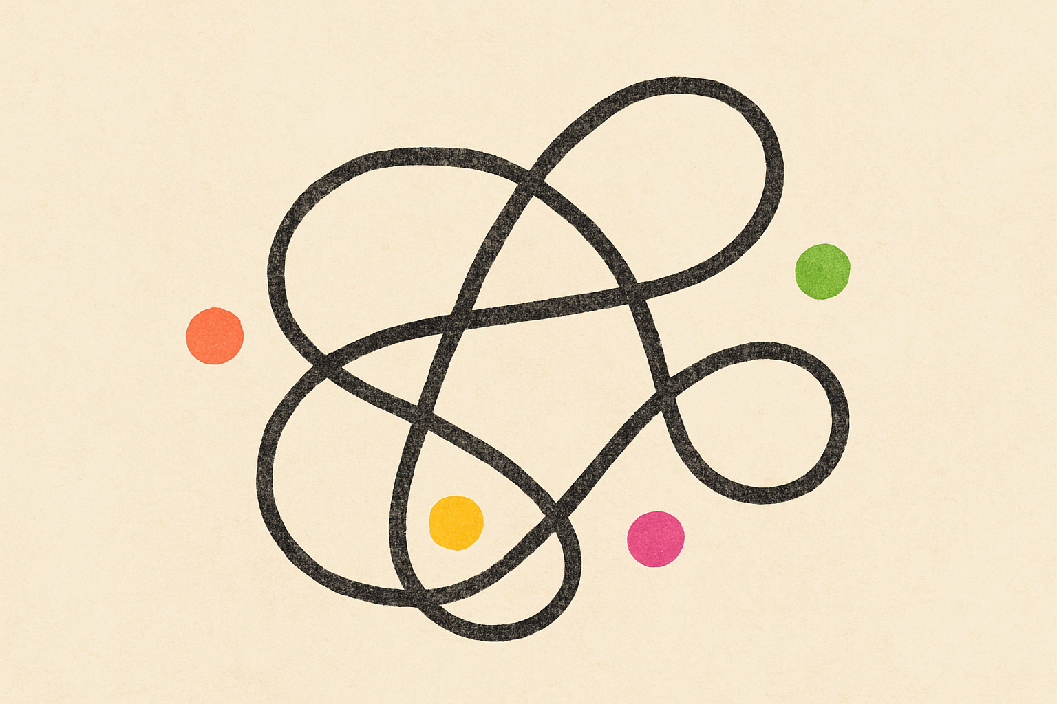 An ink looping path bending back on itself with five small palette-colored dots scattered along it.