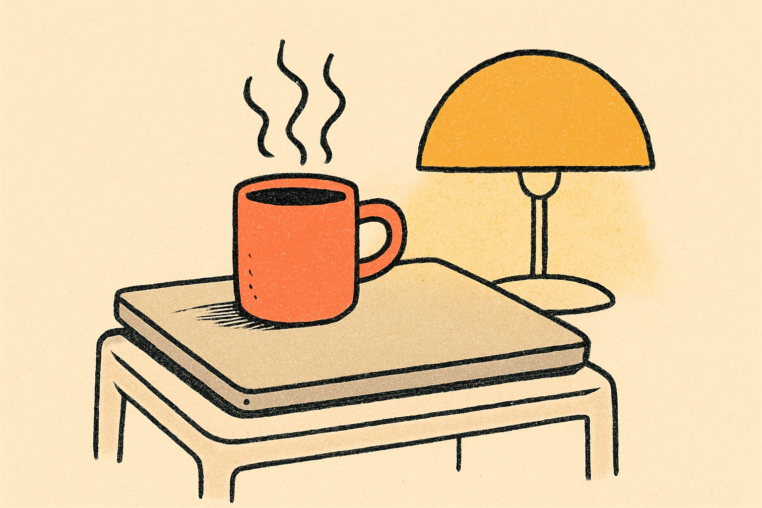 A closed laptop with a steaming mug on top and soft mustard lamp glow from one side.