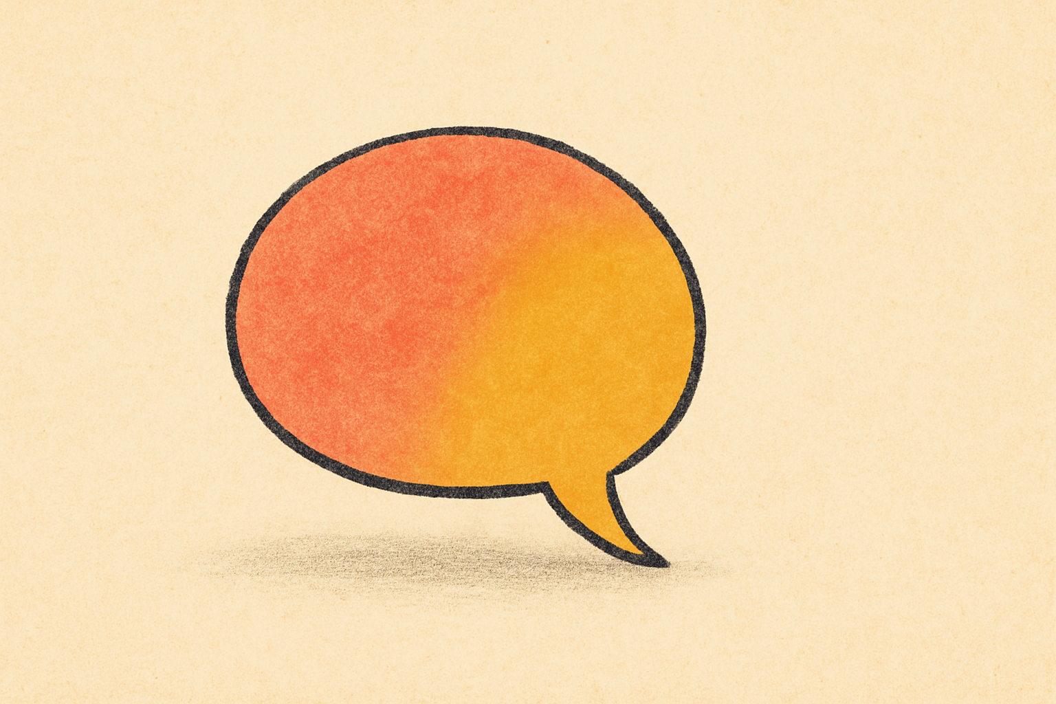 A small abstract speech bubble of overlapping coral and mustard shapes glowing on a cream surface.
