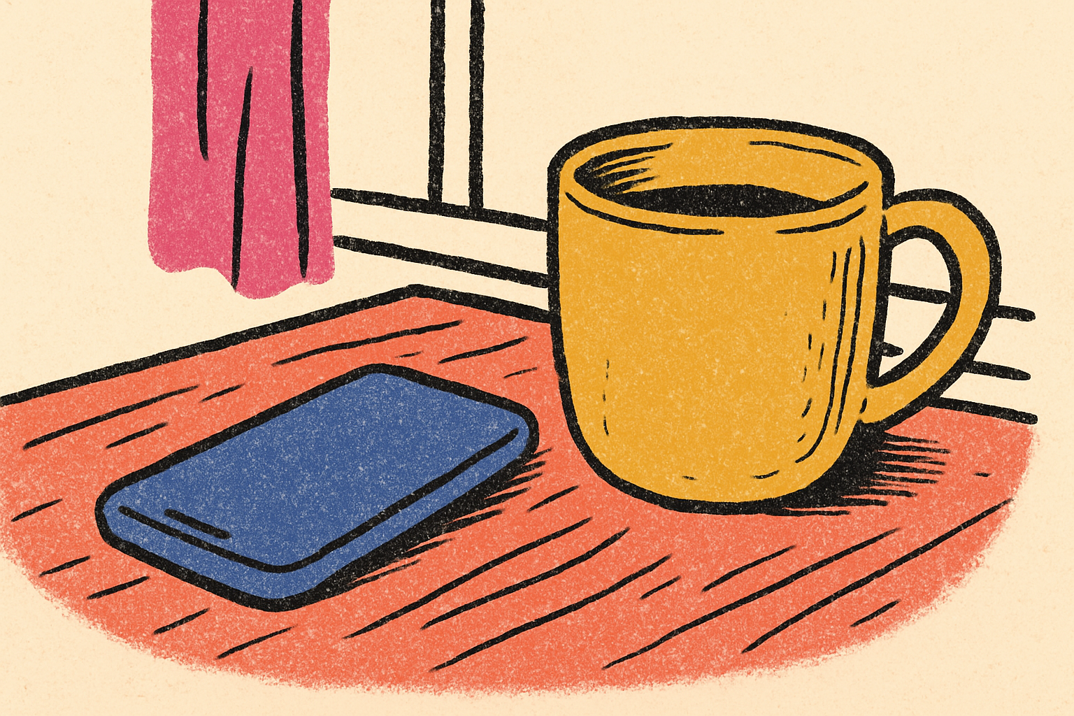 A smartphone face-down on a wooden table next to a half-empty ceramic mug in soft window light.