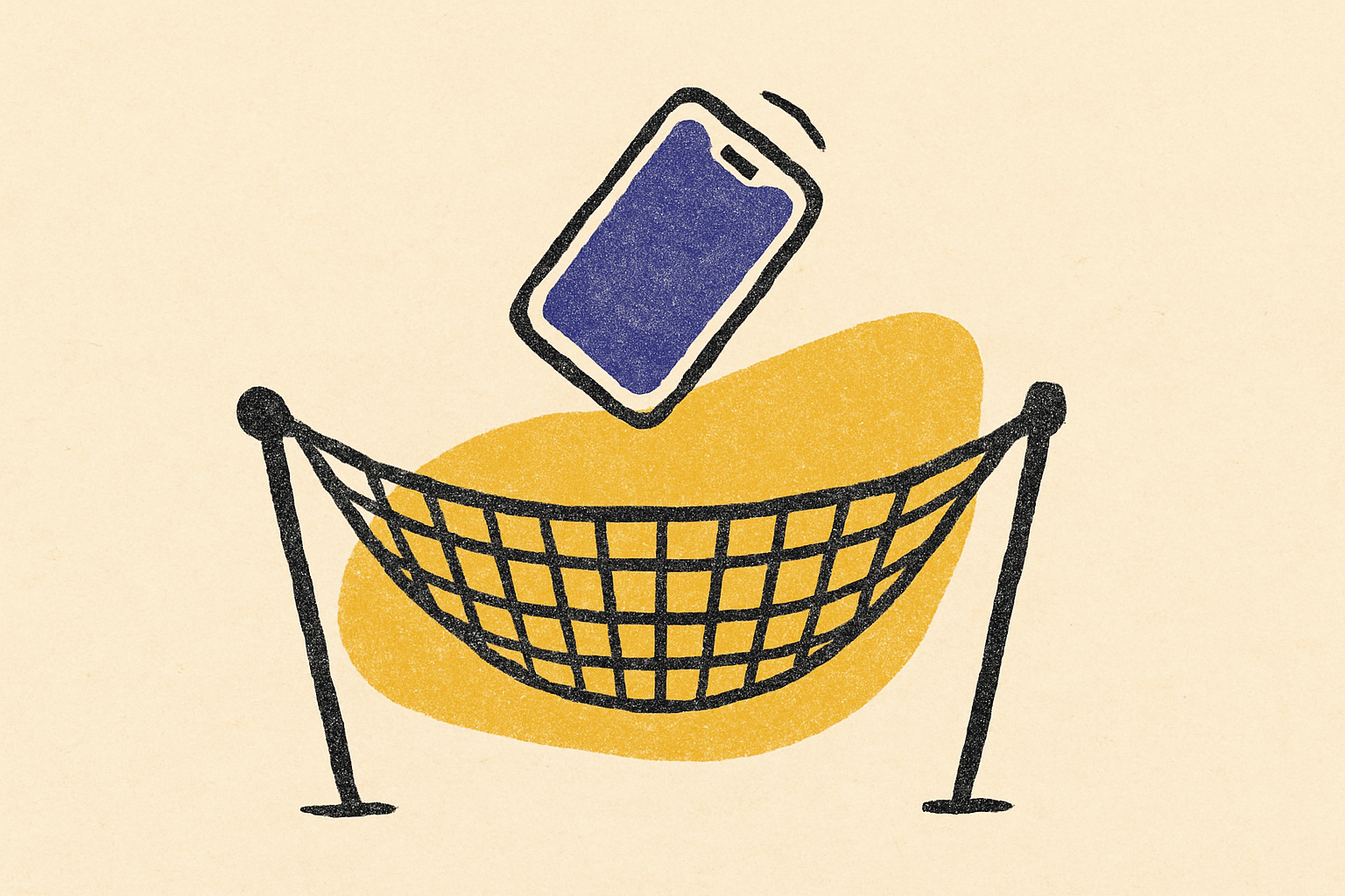 An ink-drawn safety net stretched across the page catching a falling phone mid-air.