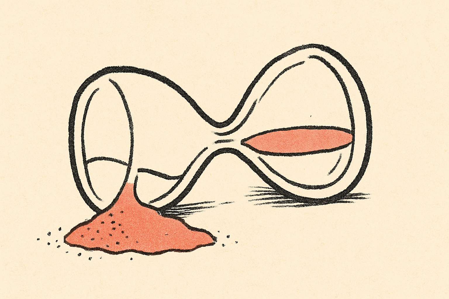 An hourglass tipped on its side with coral sand grains spilling out, drawn in ink on cream.