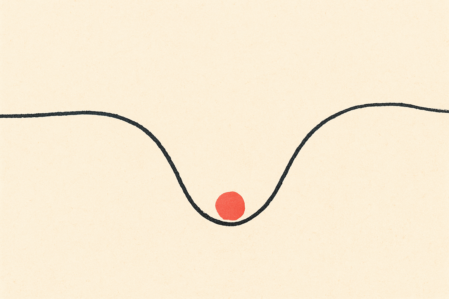 An ink curve dipping below a horizon and rising back with a coral dot at the bottom.